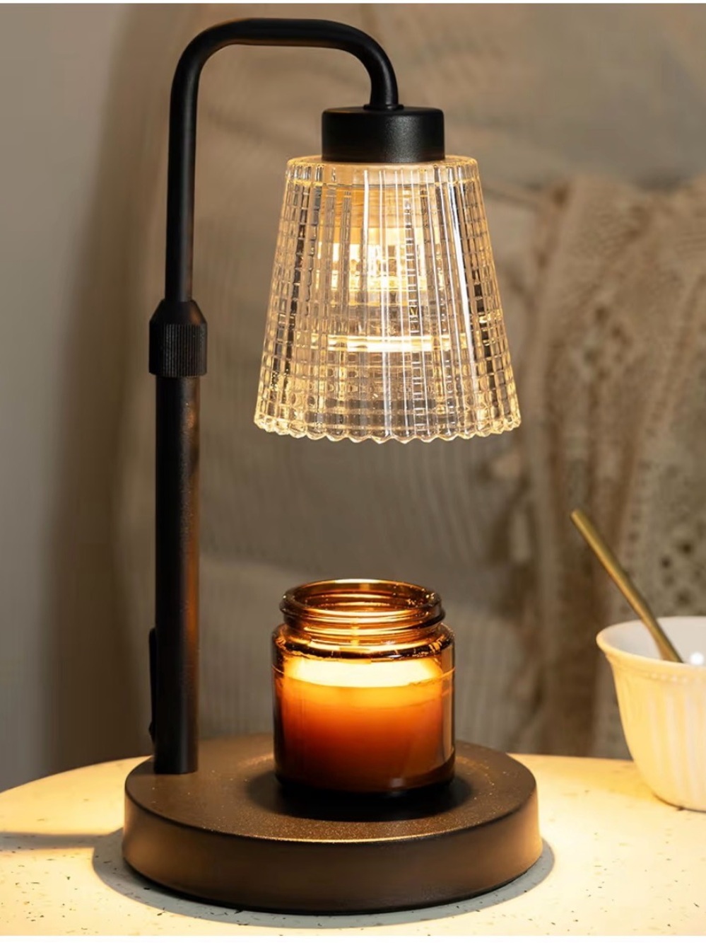 Black Metal Candle Table Lamp with Clear Glass Shade - with auto-shutoff timer